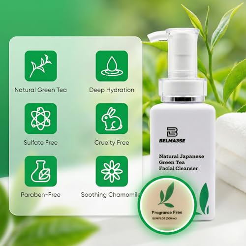 Natural Japanese Green Tea Facial Cleanser ? Foaming Face Wash for Sensitive Skin with Aloe Vera, Chamomile & Cucumber | Hydrating Sulfate Free Green Tea Face Wash & Cleanser (10.14 fl oz / 300ml)