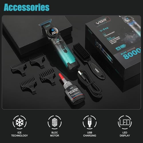 VGR 946 Hair Trimmer for Men, Professional Beard Trimmer for Men with Blue Ceramic Blade & Cooling Button, 8000RPM BLDC Motor Barber Clippers, Cordless Mens Hair Clippers with LED Display