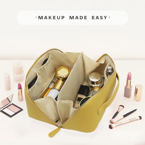 Travel Makeup Bag ? Large Cosmetic Organizer with Waterproof PU Leather, Smooth Double Zipper & Tear-Resistant Lining, Toiletry Pouch for Women (Yellow)