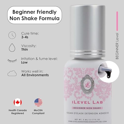 Beginner Non Shake Extra Strong Eyelash Extension Glue iLevel Lab 0.17fl.oz / 5ml. 3-4 Sec Drying Time/Retention 4 Weeks/Black Adhesive/Professional Supplies for New Lash Tech Artists