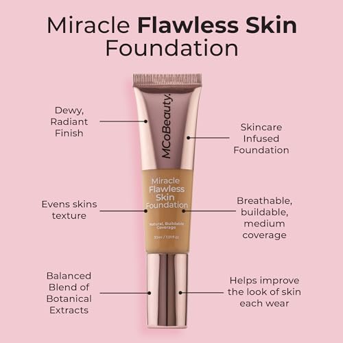 MCoBeauty - Miracle Flawless Skin Liquid Foundation - Medium Warm Shade - Buildable Dewy-Finish Formula with Hyaluronic Acid, Coconut Water and Rose Flower Water - Beauty Products
