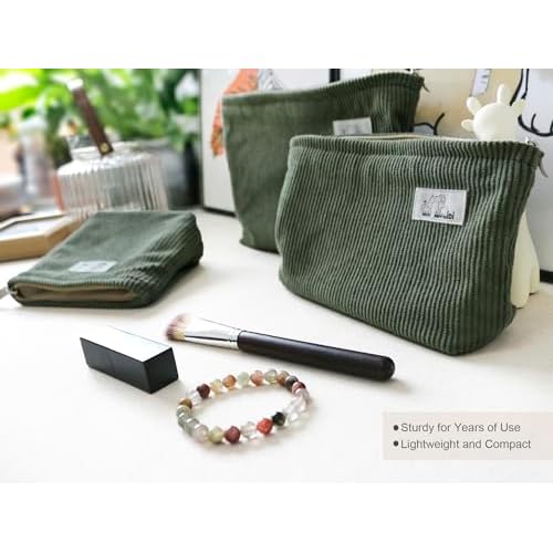HAPPYHEIDI Corduroy Makeup Bag Set 3 Cosmetic Toiletry Travel Pouch Organizer for Purse Tote, Women Girls Gift, Large Medium Small, Solid Sage Green