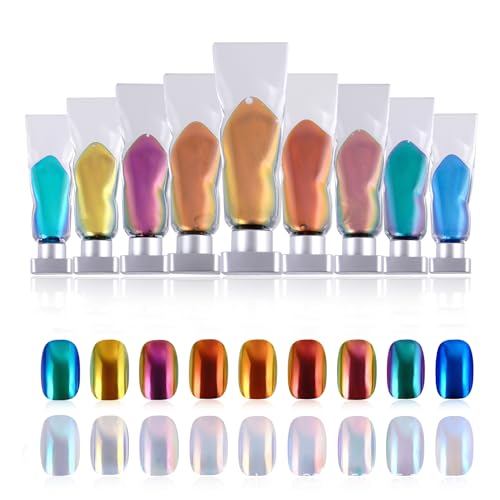 Liquid Holographic Powder Gradient Liquid Nail Aurora Powder Chrome Rainbow Mirror Effect Pigment High Gloss Metallic Gel Nail Polish for Home DIY Nail Salon Manicure 9 Colors