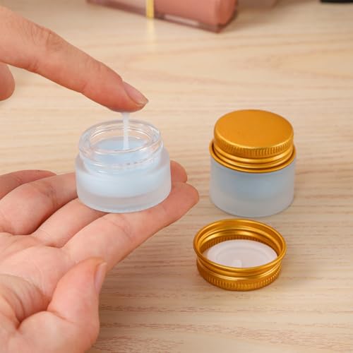 48 pack 10ml Frosted Glass Jars with Gold Lids Small Empty Travel Lotion Containers with Inner Liner Airtight Cosmetic Holder with Labels for Lip Balm Creams Body Butter