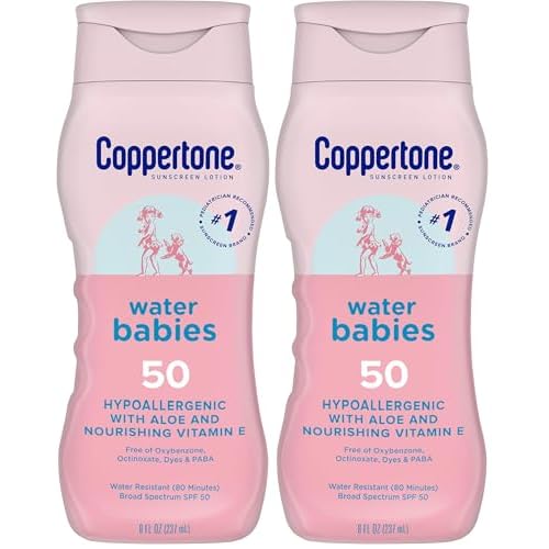 Coppertone WaterBabies Baby Sunscreen Lotion SPF 50, Hypoallergenic Sunscreen for Babies, Water Resistant, Pediatrician Recommended, 8 Fl Oz Bottle (Pack of 2)