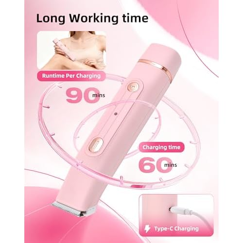 Bikini Trimmer for Women: Painless Body Hair Electric Razor - Dual Head All in 1 Versatile Shaver for Pubic Area, Leg and Face, Cordless and IPX7 Waterproof for Daily Personal Use, Pink
