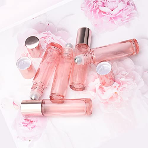 JIUWU 33Pcs Glass Roll on Bottles, 10ml Bright Rose Gold Roller Bottles Vials for Perfumes Aromatherapy Essential Oils Lip Balm Liquid, Accessories include