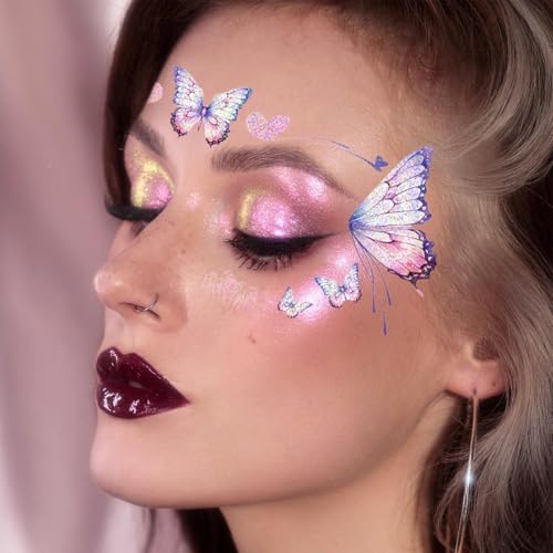 20 Sheets Glitter Fairy Makeup Tattoo Kit, Fairy Face Gems Accessories for Women Butterfly Face Temporary Tattoos Stickers for Eyes Princess Rave Party Favors Gifts