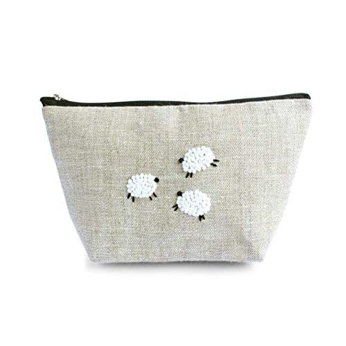 Sheep cosmetic bag Small embroidered makeup purse for women Linen zippered pouch