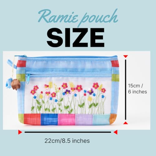 Korean Traditional Patchwork Pouch ? Hand-Embroidered Floral Design with Zipper (Light Blue)