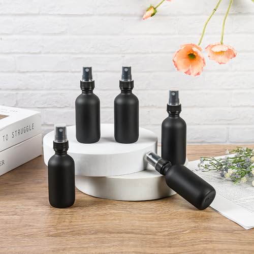 BILLIONSTARS 24 Pack 2oz Glass Boston Round Bottle with Fine Mist Sprayer - Black Frosted - Essential Oils, Bath, Beauty, Hair & Cleaning - Leakproof Travel Bottles