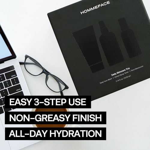 HommeFace Men¡¯s Daily Trio 3-Step Daily Routine Set with Face Wash, Herbal Spray Toner & Moisturizer - Korean Skincare Technology with CICA, Tea Tree Leaf & Witch Hazel Extracts, for All Skin Types