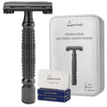 Gearhub Butterfly Double Edge Safety Razor Reusable Stainless Metal Wet Shaving Razor with 10 Swedish Platinum Blades for Men Women Barber Bikini Armpit Hair, Matte Black GR179
