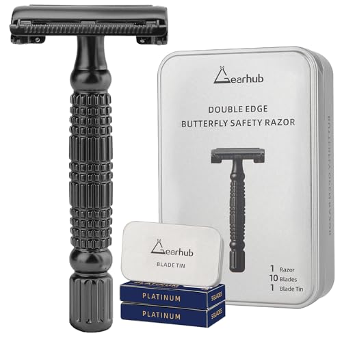 Gearhub Butterfly Double Edge Safety Razor Reusable Stainless Metal Wet Shaving Razor with 10 Swedish Platinum Blades for Men Women Barber Bikini Armpit Hair, Matte Black GR179