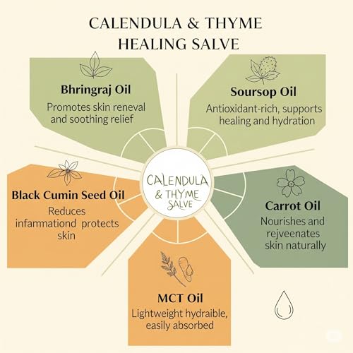 Calendula & Thyme Healing Salve - Natural Herbal Balm with Beeswax, Black Cumin Seed Oil & Soursop for Dry Skin, Cuts, Scrapes, Eczema, Burns & Irritation - 2 oz