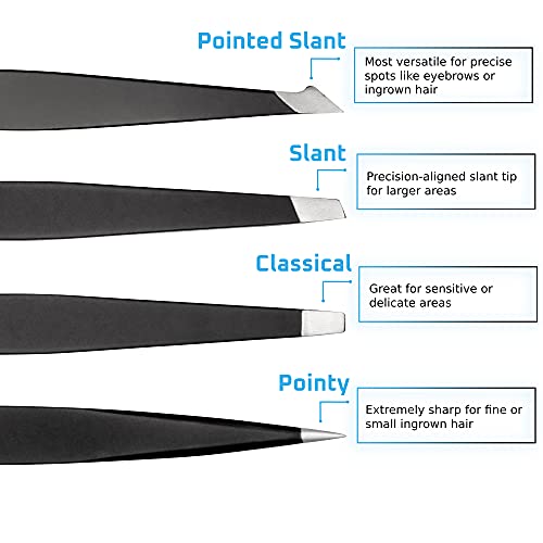 Rikans Precision Tweezers Set ? Pack of 4 Black Professional Tweezers ? Handy Carry Pouch ? Superior Stainless Steel Tweezer Set ? Splinters, Eyebrows, Facial or Ingrown Hair ? Blackheads Remover