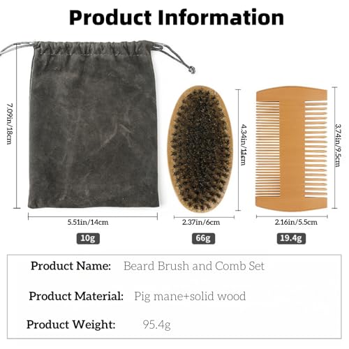 Beard Brush and Comb Set for Men Boar Bristle Beard Brush, Wooden Comb & Travel Pouch White Elephant Gifts, Christmas Stocking Stuffers for Husband Dad Boyfriend Portable Beard Grooming Kit