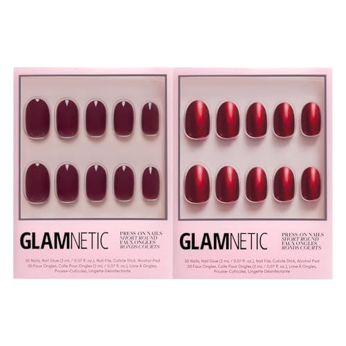 Glamnetic Press-On Nails Bundle - Berry Maroon & Cherry Glaze | Opaque Dark Red Maroon Short Round False Nails | Short Round Bright Cherry Red Nails with a Glaze Finish