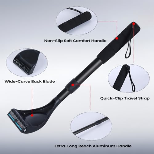 Back Shaver for Men - Retractable Long Handle Back Hair and Body Shavers,Replaceable Multi-Layer Double Blades£¨8PCS£©, Ergonomic DIY Wet or Dry Shaving Solution,Black