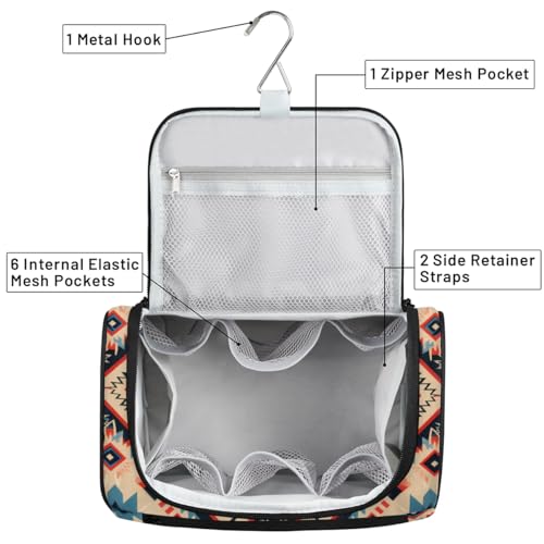 Toiletry Bag with Hanging Hook Makeup Bag Vintage Bohemian Aztec Ethnic Cosmetic Case Travel Organizer for Women Men Traveling Wash Bag