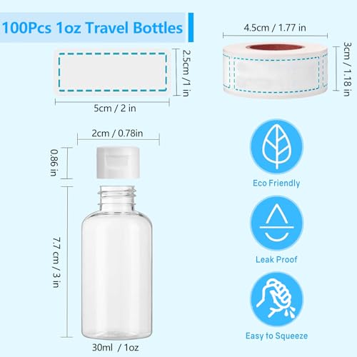 100PCS 1OZ/30ML Travel Bottles with 150pcs Labels, Mini Empty Hand Sanitizer Bottle, Clear Plastic Portable Leak Proof Squeeze Refillable Cosmetic Containers for Shampoo Lotion Liquid Body Soap