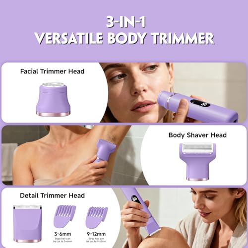 Bikini Trimmer for Women, Tiovara Painless Electric Razors Shaver IPX7 Waterproof Cordless Body Hair Trimmer Pubic Hair Removal with USB Charge Dock for Underarm Leg Arm Body Face Silk Skin (Lilac)