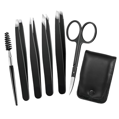 6 Pcs Tweezers Set ? Eyebrow Tweezers with Curved Scissors for Ingrown Hair, Hair-Plucking Daily Beauty Tools for Women, with Leather Travel Case