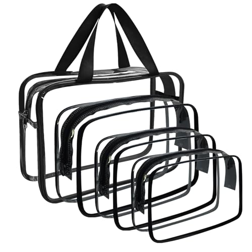 4 Packs Large Clear Comestic Bag, Waterproof Clear Makeup Toiletry Organizer Pouch, Reusable PVC Plastic Storage Bags with Zipper for Travel (4, Black)