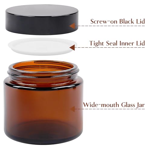 TUZAZO 2 Oz Thick Amber Round Glass Jars with Inner Lids and Black Lids, 24 Pack Small Empty Candle Making Jars/Cosmetic Containers for Lotions, Creams, Body Butters, Essential oil Beauty Products