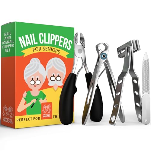 Toenail Clippers for Seniors Thick Toenails - 4-Piece Heavy Duty Nail Clipper Set with Podiatrist Grade Tools, Wide Jaw and Rotating Head Clippers for Elderly Adults