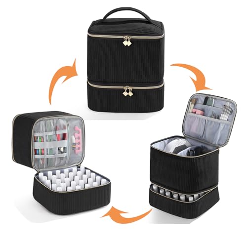 Corduroy Nail Polish Organizer and Nail Lamp Case, Nail Kit Organizer Holds 30 Bottles (15ml - 0.5 fl.oz) and a Nail Lamp, Nail Polish Carrying Case with Manicure Tools Storage Sections (Black)