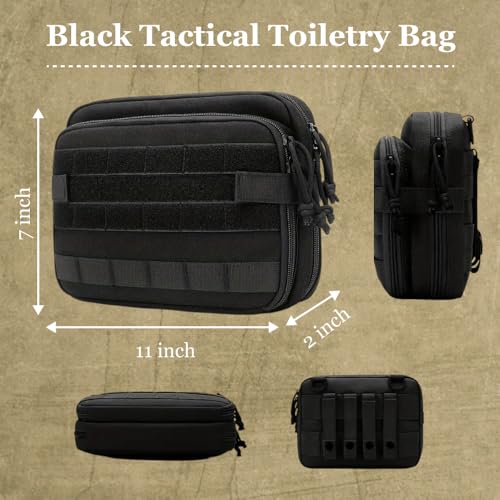 Black Tactical Toiletry Bag for Men Heavy-Duty Polyester Travel Organizer with Large Capacity Water-Resistant Compact Portable Shaving Bag Multiple Compartments for Military Camping Outdoor Bathroom