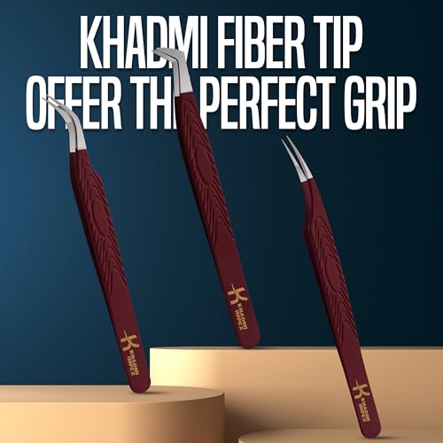 Eyelash Extension Tweezers, KHADMI IMPEX Fiber Tip Lash Tweezers - Set of 3 Eyelash Tweezers - Straight and Curved And Volume Eye Lash Tweezers for Extensions (Maroon)