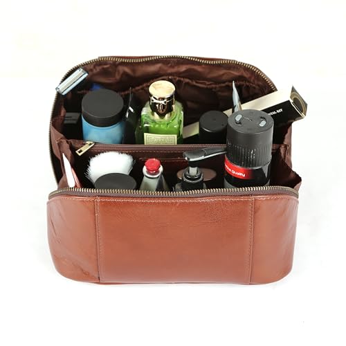 KomalC Luxury Leather Men¡¯s Toiletry Travel Bag ? Handmade Shaving Kit with Waterproof Interior, Spacious Storage & Carry Handle ? leather travel Kit Bag for Men & Women (Wine)