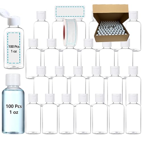 100PCS 1OZ/30ML Travel Bottles with 150pcs Labels, Mini Empty Hand Sanitizer Bottle, Clear Plastic Portable Leak Proof Squeeze Refillable Cosmetic Containers for Shampoo Lotion Liquid Body Soap