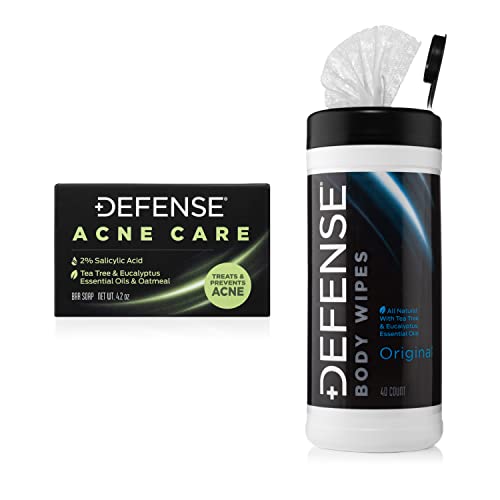Defense Acne Care Bar Soap 4.2oz 2% Salicylic Acid & Tea Tree Body Wipes (40 Count) - Designed by Wrestlers, Intended for Skin Cleansing