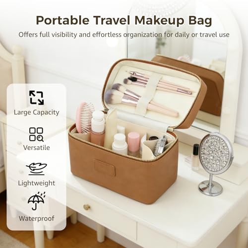 OMISTAR Makeup Vanity Bag for Women - Large Capacity Cosmetic Organizer with Removable Liner, Waterproof PU Leather Skincare Bag, Portable Chic Cosmetic Make Up Case for Skincare, Accessories, Brown