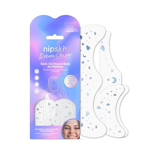 Nipskin Dream Chaser Stick-On Face & Body Art Patches ? Metallic Sky Blue Moons, Clouds & Stars ? Sweat-Proof, Soft on Skin ? 4 Pieces