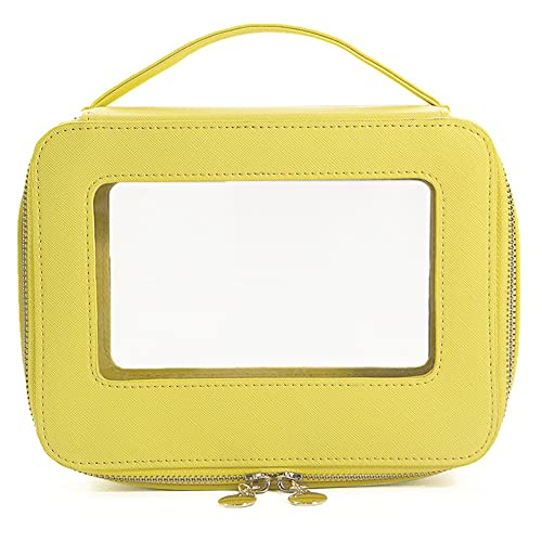 Clear Makeup Case, Transparent Makeup Bag for Travel Leather Beauty Pouch Toiletry Bag for Women and Girls(Yellow)