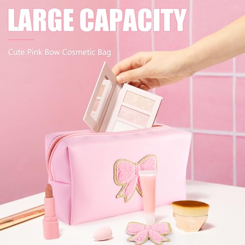6 Pcs Pink Bow Makeup Bags PU Leather Cosmetic Bag Make up Toiletry Pouch Bulk Portable Travel Organizers Case Cute Coquette Stuff for Girls Women Bachelorette Birthday Party Gifts (01 Pink)