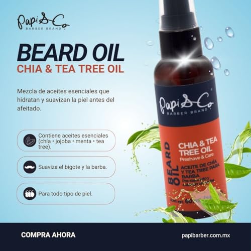 Papi & Co. Pre Shave Beard Oil with Chia & Tea Tree Oil - Moisturizing Preshave for Men - Softens Beard & Skin - Helps Razor Glide Smoothly - Beard Grooming Oil for a Comfortable Shave - 2 Oz