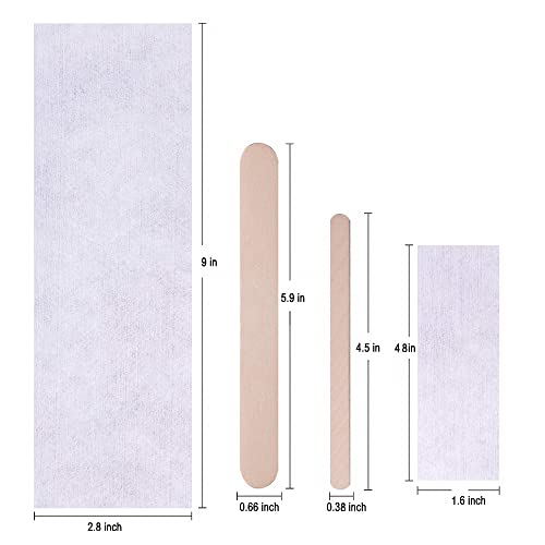 Waxing Kit, Non Woven Cloth Hair Removal Wax Strips Multi Size Combo - 100 Large & 200 Small Strips, 200 Wooden Applicator Sticks, Full-Body Hair Removal for All