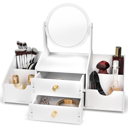 Wooden Makeup Organizer ? Countertop Makeup Organizers with Mirror, Drawers ? Cosmetic Organizer for Brushes, Skincare ? Elegant Make Up Storage Holder for Vanity, Bathroom, Dresser