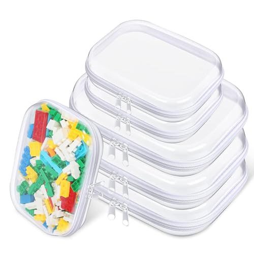 6 Pcs Clear Hard Zipper Case Hard-Sided Premium Storage Case Plastic Clear Hard Shell Zipper Pouch Portable Travel Organizer Box for Travel Building Blocks Puzzles Cosmetics Makeup Supplies (White)