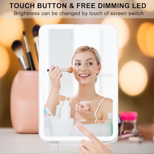 Travel Makeup Mirror with 3 Colors Light Modes, Folding Vanity Mirror with Lights, Adjustable Brightness, USB Rechargeable, Portable, Ultra Thin (White)