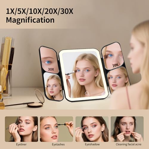 Tri-fold Vanity Mirror with Light,Rechargeable Travel Makeup Mirror with 5X/10X/20X/30X Magnifying Mirror,Touch Screen Dimming Light Up Vanity Mirrors for Travel Home,Black