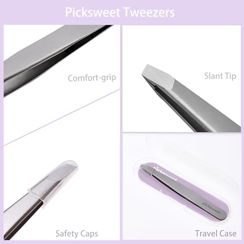 Tweezers for Women Facial Hair, Slanted Eyebrow Tweezers for Plucking Ingrown Hair, Precision Tip Stainless Steel Hair Removal Tool, Includes Travel Case