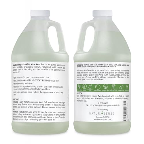 NaturSense Organic Aloe Vera Gel from 100% Pure Aloe. Great for Hair, Scalp, Face, Dry Skin, Acne, Sunburn, Sensitive Skin. Unscented, Same Formula, Organic Ingredients, 64.2 oz. (64.2 Fl. Oz.)