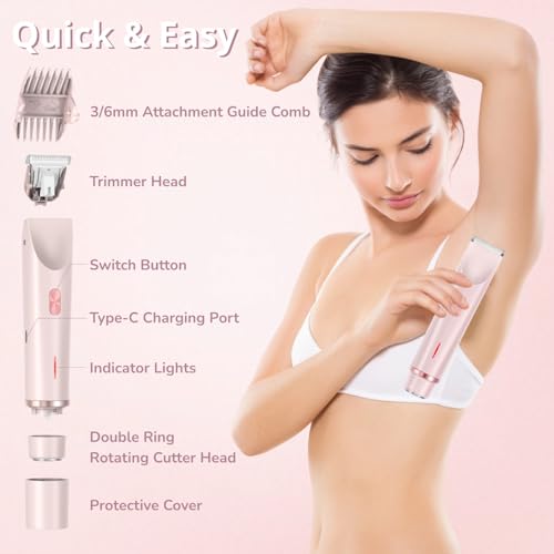 Bikini Trimmer for Women, 2 in 1 Dual-Head Electric Body Hair Trimmer Shaver for Women's Grooming, Waterproof Wet & Dry Pubic Hair Trimmer for Women Legs Bikini Underarms Hair Painless Remove