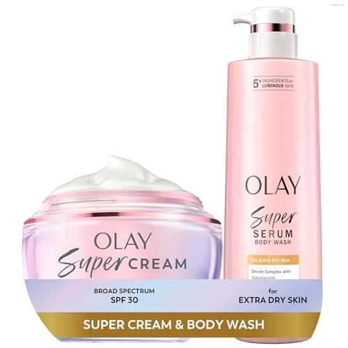 Olay Super Cream with Sunscreen SPF 30 (1.7 oz) + Body Wash for Extra Dry Skin (18.5 oz) - 24hr Long Lasting Hydration - Vitamin C & E, Hyaluronic Acid, Niacinamide - Smooth, Brighten, Firm